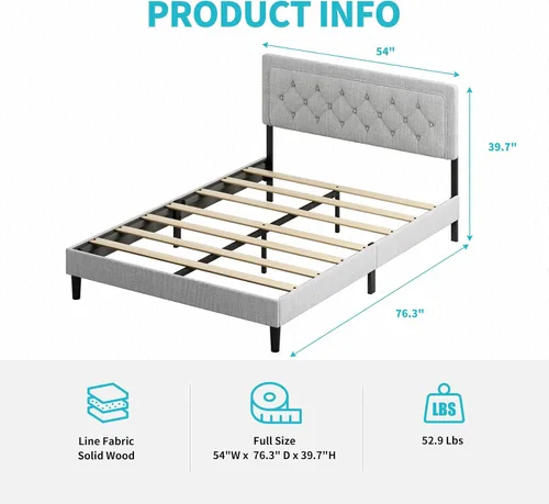 Vista 2 de CECER Base de cama plana de tamaño matrimonial, cabecera tapizada de tela de lino con botones copetudos para dormitorio, apartamento, diseño