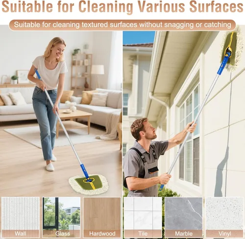 Vista 4 de Trapeador de polvo comercial para limpieza de suelos de madera, escoba industrial con 2 almohadillas de algodón de cuña de repuesto para paredes