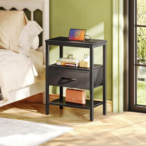Vista 2 de SUPERJARE - Juego de 2 mesitas de noche con base de carga, cajón de tela ajustable, mesita de noche para dormitorio, mesas auxiliares de 3 niveles