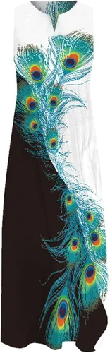 Vista 4 de AKSODJF Vestido largo de verano para mujer, vestido sin mangas de lino y algodón para verano, holgado, cuello redondo, maxi vestidos fluidos