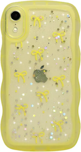 Vista 105 de Qokey para iPhone 14 Plus Funda de 6.7" con diseño de borde ondulado rizado, transparente, con purpurina, brillo, estrellas, brillante, lindo
