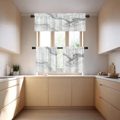 Vista 2 de Cortinas opacas de mármol abstracto blanco y gris para ventanas, cenefas opacas de poliéster multicapa para cocina, paquete de 2 unidades, 26 x 24