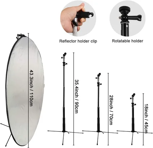 Vista 5 de Reflector de luz plegable 5 en 1 de 43 pulgadas/43.3 in con abrazadera de metal y soporte de luz para iluminación de estudio al aire libre