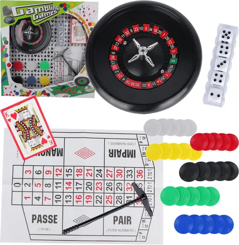 El juego de ruleta incluye rueda de ruleta de 6 pulgadas con tapete de juego, cartas/fichas y rastrillo, póker, dados