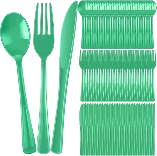 Vista 13 de Juego de cubiertos de plástico de 300 piezas, juego de cubiertos de plástico resistente, incluye 100 cucharas desechables, 100 tenedores, cuchillos