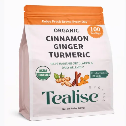 Vista 2 de Bolsas de té de hierbas orgánicas de cúrcuma, jengibre y canela, té de hierbas de cúrcuma y jengibre, té de hierbas sin cafeína, 100 bolsas de té a