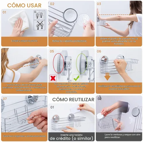 Vista 8 de LEVERLOC - Organizador de ducha con ventosa, paquete de 3 organizadores de ducha resistentes Silver Shower Caddies with Hooks, Soap Holder
