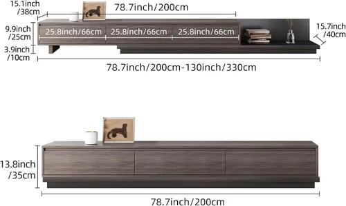 Vista 10 de Soporte de TV extensible moderno Mid-Century con 3 cajones, centro de entretenimiento ajustable para sala de estar y dormitorio (79 a 130 pulgadas)