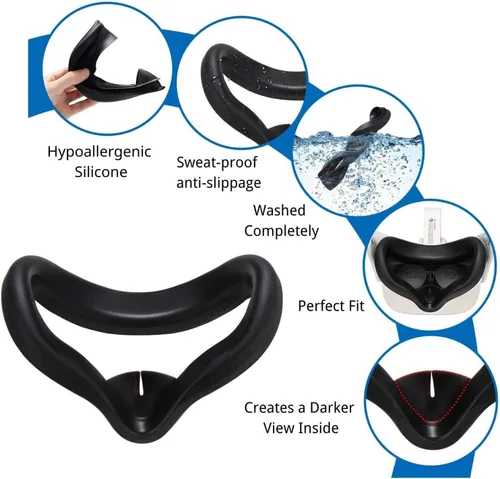 Vista 6 de 3Pcs VR Silicone Cover Eye Pads for Oculus Quest 2 Sweat Proof Lightproof Non-Slip Washable Comes with 5pcs Disposable Eye Covers (Black+Blue+Red)