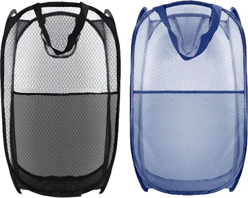 Vista 9 de Cesta de Ropa Sucia Plegable Emergente, Cesta de Ropa de Malla Plegable Extra Grande, 28" x 16" x 16", Paquete de 2 (Negro + Gris)