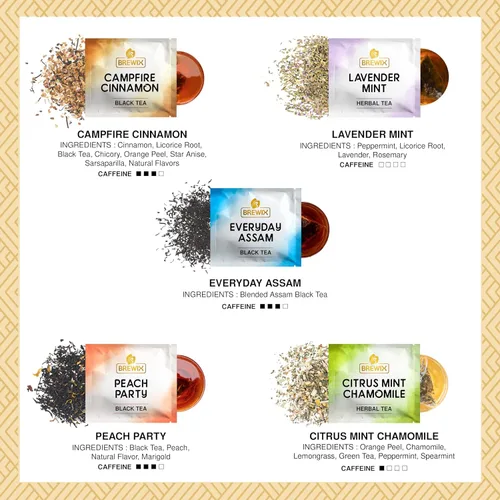 Vista 5 de BREWIX Caja de regalo de muestra de té surtido premium (15 bolsas de té envueltas individualmente en pirámides) Té de hierbas, té negro, té verde