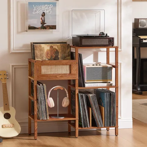 Vista 7 de LELELINKY Soporte para Tocadiscos, Soporte para Discos de Madera Marrón con Almacenamiento de Vinilo con Capacidad para hasta 300+ Álbumes, Mesa