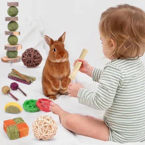 Vista 7 de VESPRO Juguetes de Conejo para Conejos, Hámster, Juguetes de Conejillo de Indias, Palitos de Heno Timothy Natural, Golosinas Masticables y Pelotas
