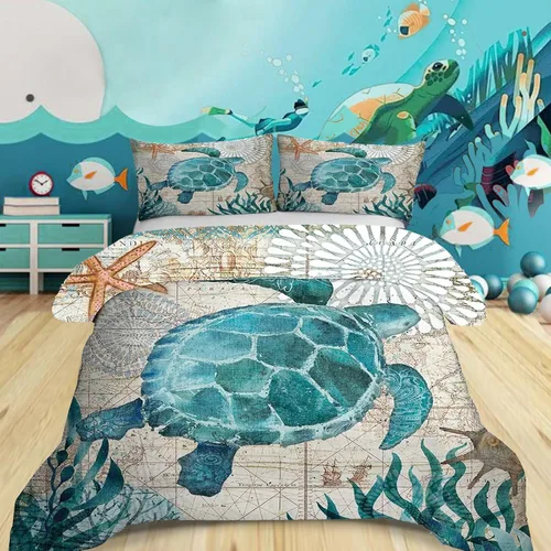 Vista 8 de MUSOLEI Juego de edredón con diseño de tortuga marina, juego de ropa de cama con temática de tortuga marina, colecciones de ropa de cama suave