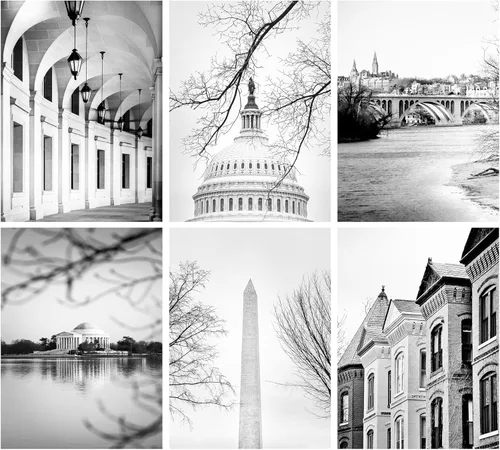 Washington DC Art - Juego de 6 impresiones fotográficas de 5 x 7 pulgadas, sin marco, fotografía en blanco y negro con el monumento a Jefferson, el