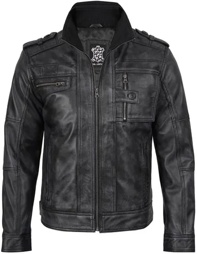 Vista 3 de Decrum Chaqueta de cuero real para hombre - Chaquetas de cuero casuales estilo Cafe Racer para hombres