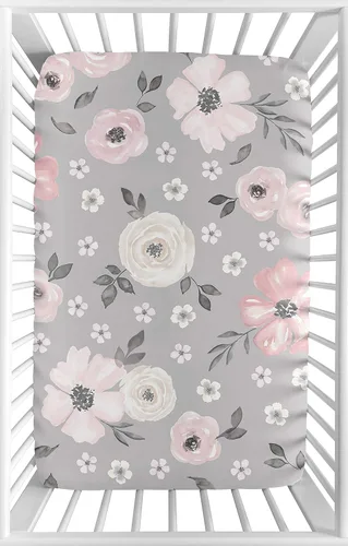 Sweet Jojo Designs Sábana bajera ajustable para cuna de bebé con diseño floral de acuarela gris, para cuna portátil o para empacar y jugar, color