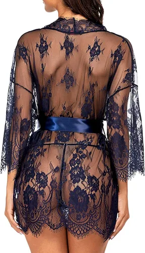 Vista 2 de Qopobobo Babydoll Lencería para mujer 2023 Kimono de encaje bata de manga larga lencería de malla vestido con cinturón