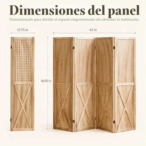 Vista 2 de Divisor de Habitación de Madera con Tablero Perforado de 4 Paneles, Pantalla de Privacidad Plegable con Exhibidor de Tablero Perforado de 5.6 Pies