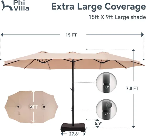 Vista 7 de PHI VILLA Sombrilla grande de 15 pies para patio con base incluida, sombrilla de doble cara rectangular para exteriores de gran tamaño con soporte