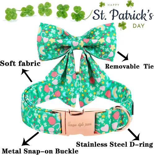 Vista 2 de Unique style paws Collar de perro del día de San Patricio con corbata, collar de cachorro de corazón de trébol de arco iris para niños pequeños