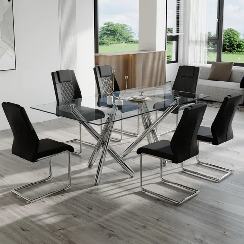 Vista 13 de Ebullient Moderno juego de mesa de comedor para 6, mesa de comedor de cristal de 71 pulgadas y patas de mesa de metal dorado, mesas de comedor