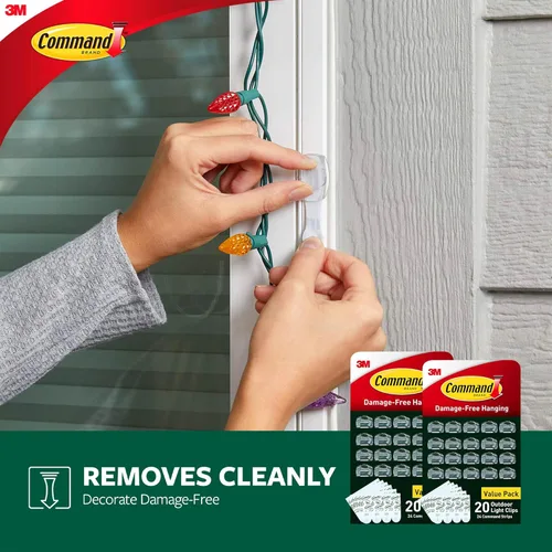 Vista 3 de Command - Clips para luces de exterior, 40 transparentes y 48 tiras, suspensión sin daños con tiras resistentes al clima, clips de pared para colgar