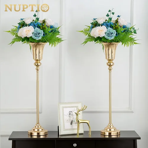 Vista 3 de NUPTIO Jarrón de centro de mesa alto dorado: 2 piezas de 30.5 "Soporte de flores de boda para mesa jarrón de trompeta de metal para decoraciones