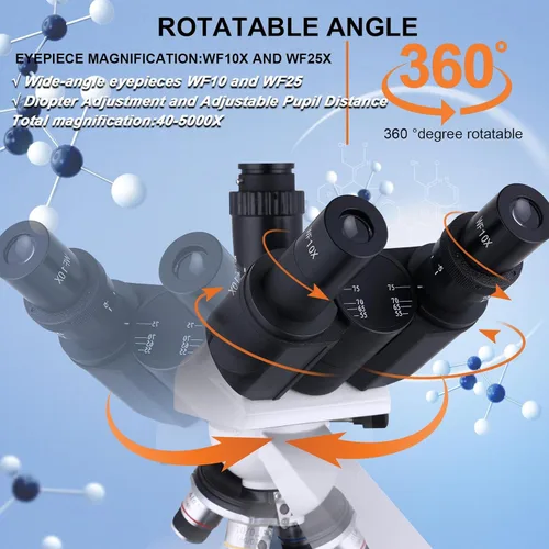 Vista 3 de Herwicm Microscopio trinocular compuesto 40X-5000X Ampliación, Microscopio profesional de grado de investigación, Dos niveles de iluminación LED