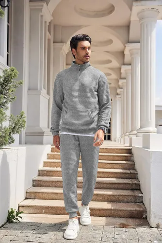 Vista 7 de COOFANDY Conjunto deportivo de 2 piezas para hombre, ajuste relajado, con media cremallera, para correr