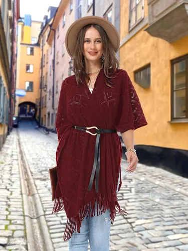 Vista 5 de Soul Young - Chal de punto para mujer, poncho con flecos y capa