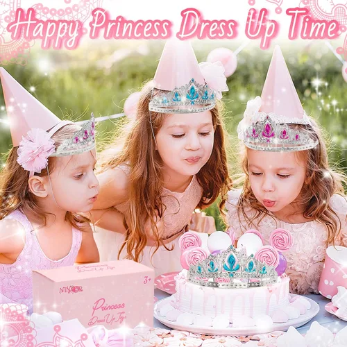 Vista 5 de NINAOR Regalos de fiesta de corona de princesa, 16 tiaras de princesa para cumpleaños, accesorios de cosplay de niña, suministros de fiesta