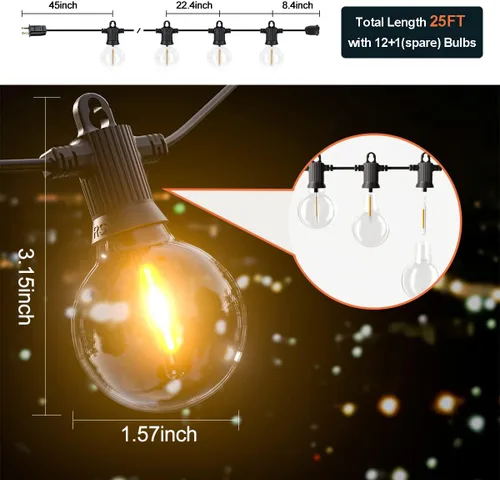 Vista 5 de Kawaya Guirnalda de luces LED para exteriores de 25 pies para patio con 12+1 bombillas Edison inastillables – IP65 impermeable regulable luces