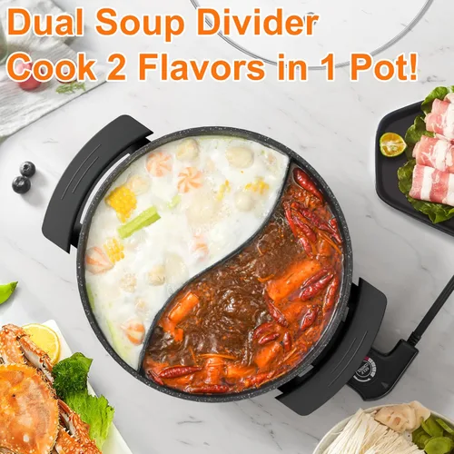 Vista 3 de Stariver Olla eléctrica de 6 litros con divisor - Fondue de doble sabor y olla Shabu Shabu, 1360 W con control de 5 temperaturas, antiadherente