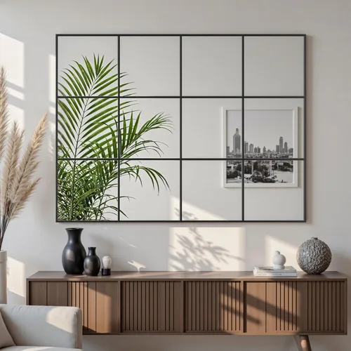Vista 15 de Suidia Espejo de pared, espejos decorativos de ventana de 24 x 36 pulgadas, marco de metal, decoración de pared para dormitorio, sala de estar, Negro