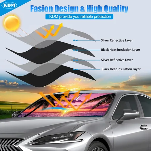 Vista 3 de KDM - Parasol plegable reflectante para parabrisas de estilo Sunset Beach, compatible con Honda Civic 2012 2013 2014 2015, protector de visera