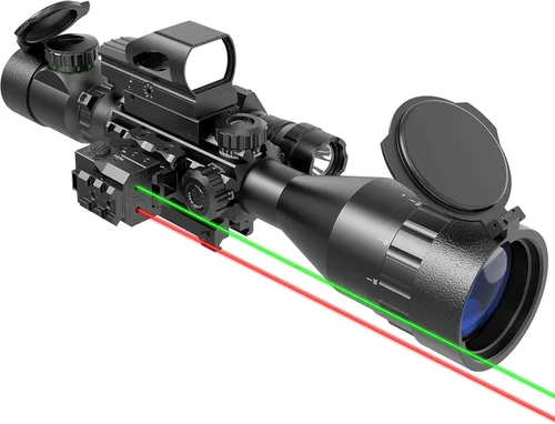 Vista 7 de UUQ 4-12&16X50 AO Mira para Rifle Rojo/Verde Iluminada, Retícula Range Finder con Láser Verde - Visor Holográfico de Punto Rojo Reflex - 5 Modos
