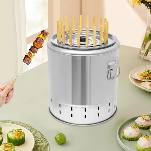 Vista 3 de Barbacoa de acero inoxidable de doble capa, parrilla portátil de carbón con 20 brochetas 360° sin humo para cocinar al aire libre