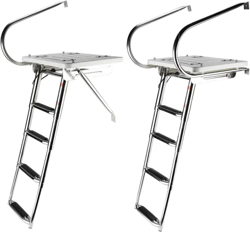 Vista 3 de NovelBee 4 Step Universal Inboard Swim Fiberglass Platform Fold Down Ladder with Extra Wide Step and Two Handrails,Under Slide Mount Telescopic Boat