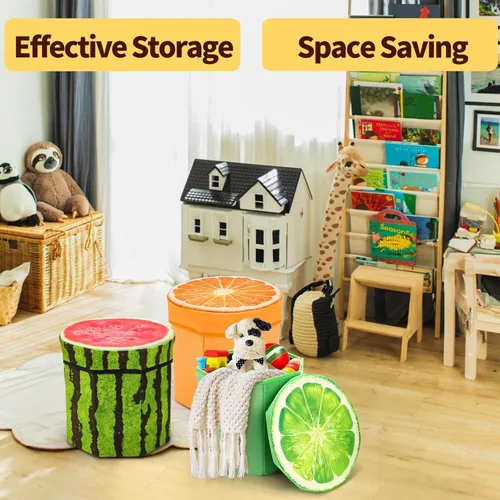 Vista 5 de Covzoe Paquete de 3 taburetes de almacenamiento, taburete de frutas plegable de 12 x 12 pulgadas con cojín de espuma, baúl de almacenamiento