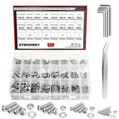 DYWISHKEY 520 piezas M3 M4 M5 M6, 304 tornillos de cabeza hexagonal de acero inoxidable 304, tornillos, tuercas, arandelas, kit surtido con llaves