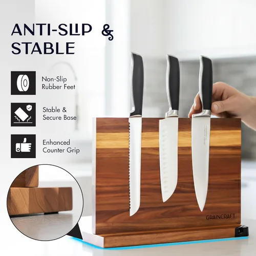 Vista 4 de Bloque magnético para cuchillos con afilador, soporte magnético para cuchillos de encimera, 3 soportes magnéticos de doble cara, base