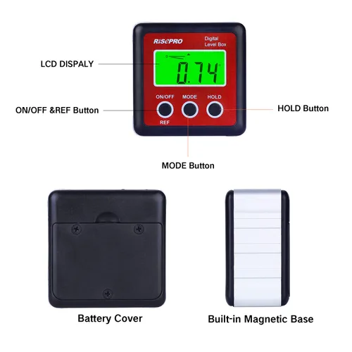 Vista 2 de Caja de Nivel Digital Medidor de Ángulo Transportador Inclinómetro Caja Biselada con Base Magnética y Retroiluminación LCD Grande, Calculando