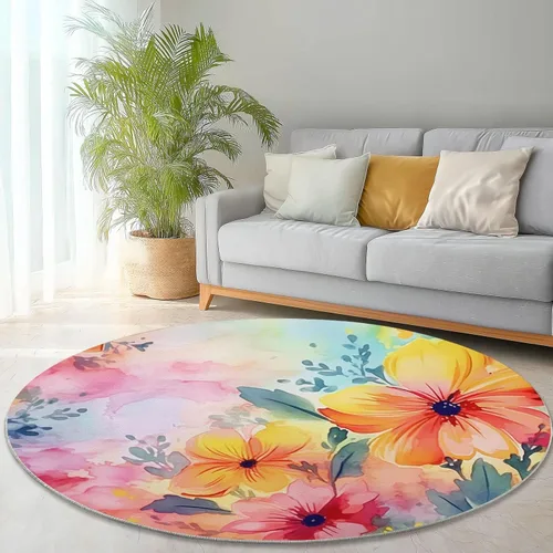 Washable Round Rug 2 x 2 ft, Watercolor Floral Background Theme Soft Non-Slip Carpet Floor Mat, Colorful Shed Resistant Low Pile Circular Rugs for