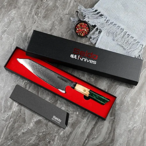 Vista 2 de Seido Knives Kiritsuke - Cuchillo de chef de acero Damasco, mango de madera estabilizado con resina epoxi, cuchillo de cocina profesional VG10