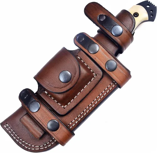 Vista 14 de Ottoza Cuchillo de caza de hoja fija con funda de cuero y transporte horizontal, cuchillo de supervivencia y campamento al aire libre de espiga