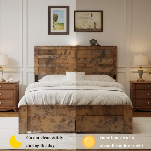 Vista 7 de Base de cama matrimonial con cabecera y almacenamiento, plataforma de madera con 2 cajones, carga USB tipo C y luces LED, no necesita somier, sin