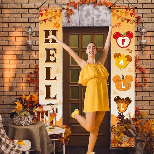 Vista 4 de Letrero decorativo para porche con texto en inglés "Hello Fall", suministros temáticos de otoño, diseño de ratón, calabaza, puerta, hoja, arce