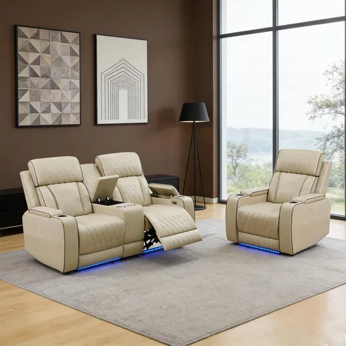 Vista 42 de Juego de sofá reclinable eléctrico para sala de estar, juego de sofá reclinable de pana con luces LED, puertos USB, almacenamiento oculto, juego
