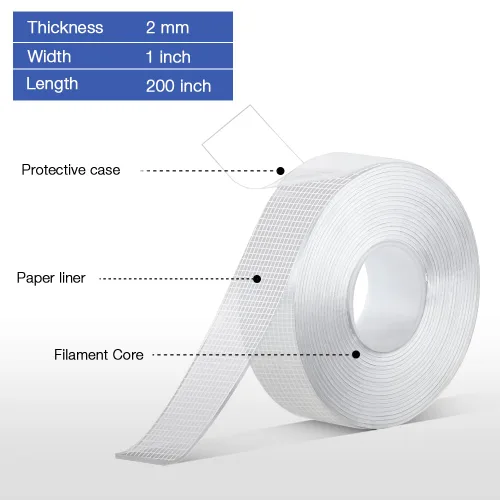 Vista 3 de Cinta adhesiva reutilizable de doble cara resistente, núcleo de filamento extraíble, cinta de montaje nano transparente y resistente, resistente